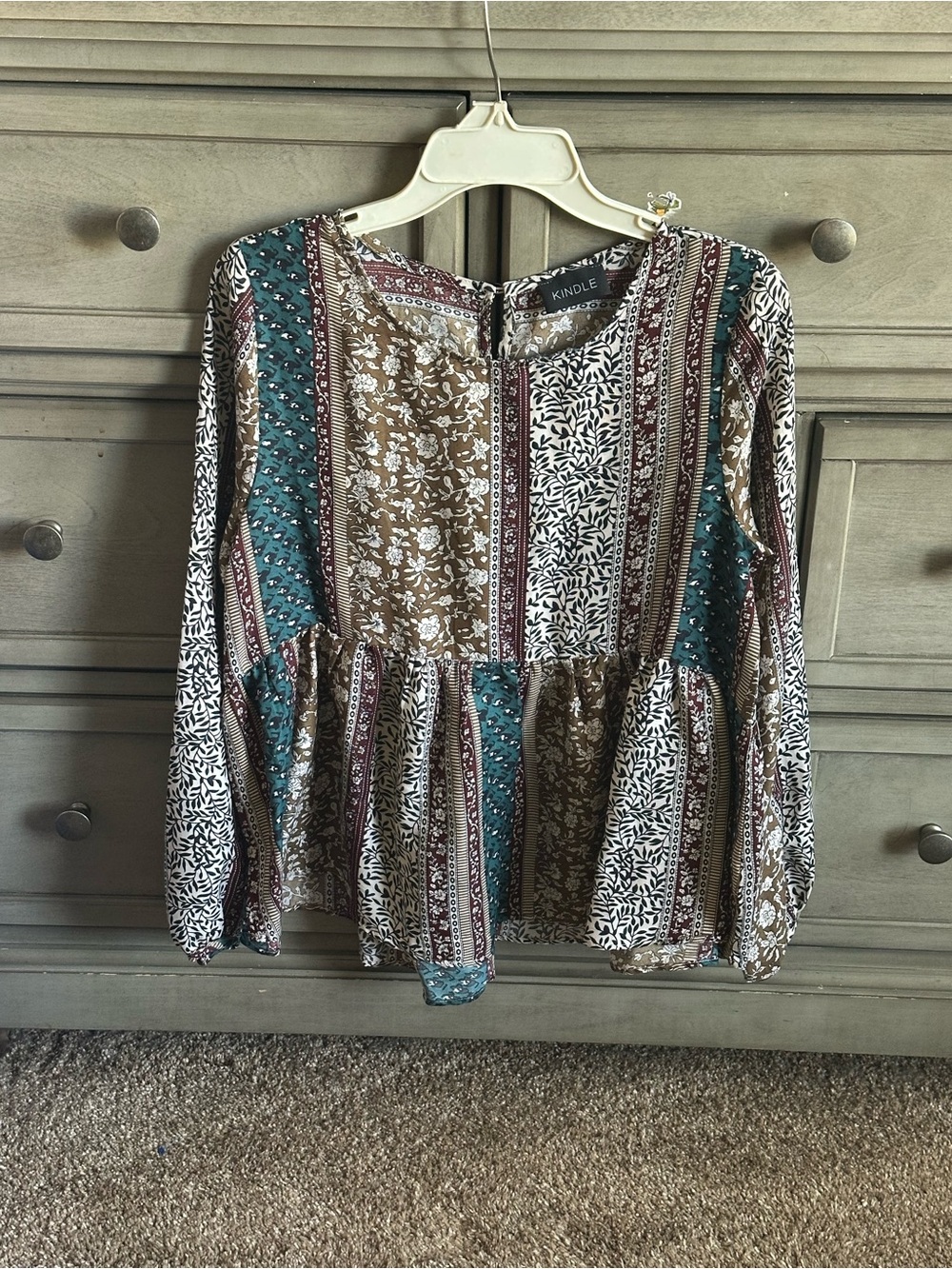 Kindle Floral Patchwork Peplum Blouse - Teal & Olive. Size Medium